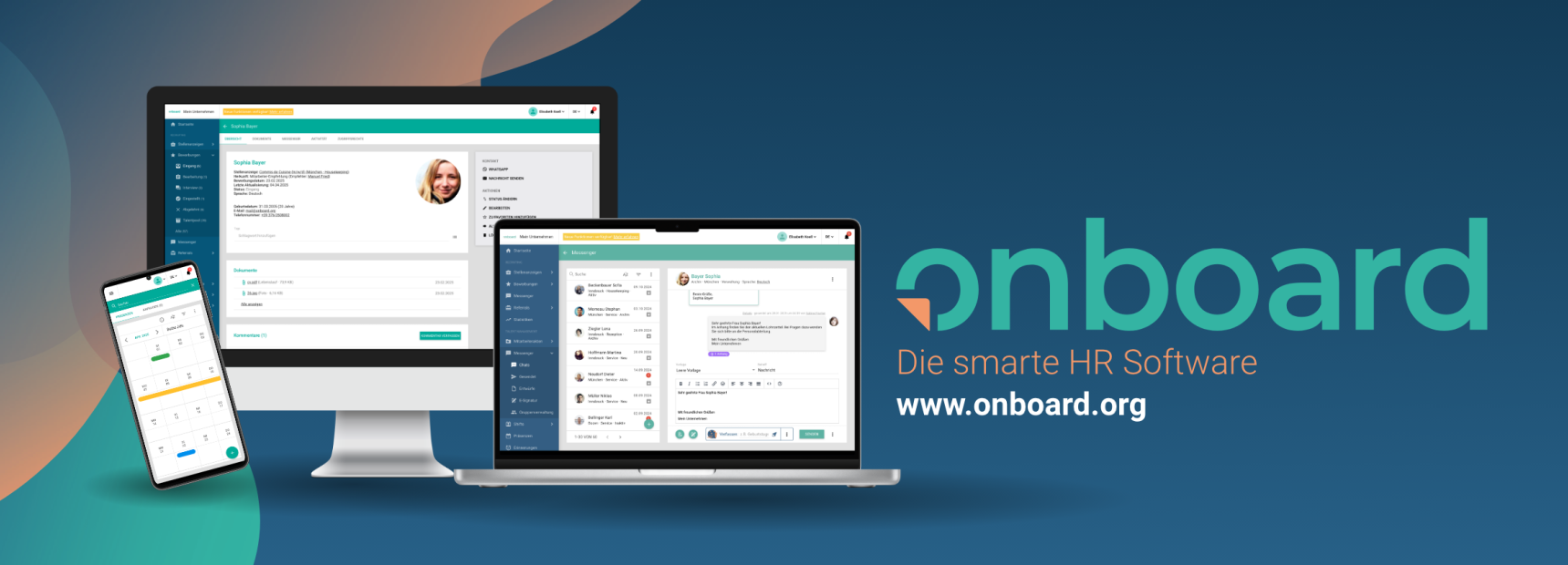 Drei Geräte (Smartphone, Monitor und Laptop) zeigen HR-Software-Schnittstellen an. Der Text lautet "onboard - Die smarte HR Software" und "www.onboard.org" auf einem Hintergrund mit blau-grünem Farbverlauf.
